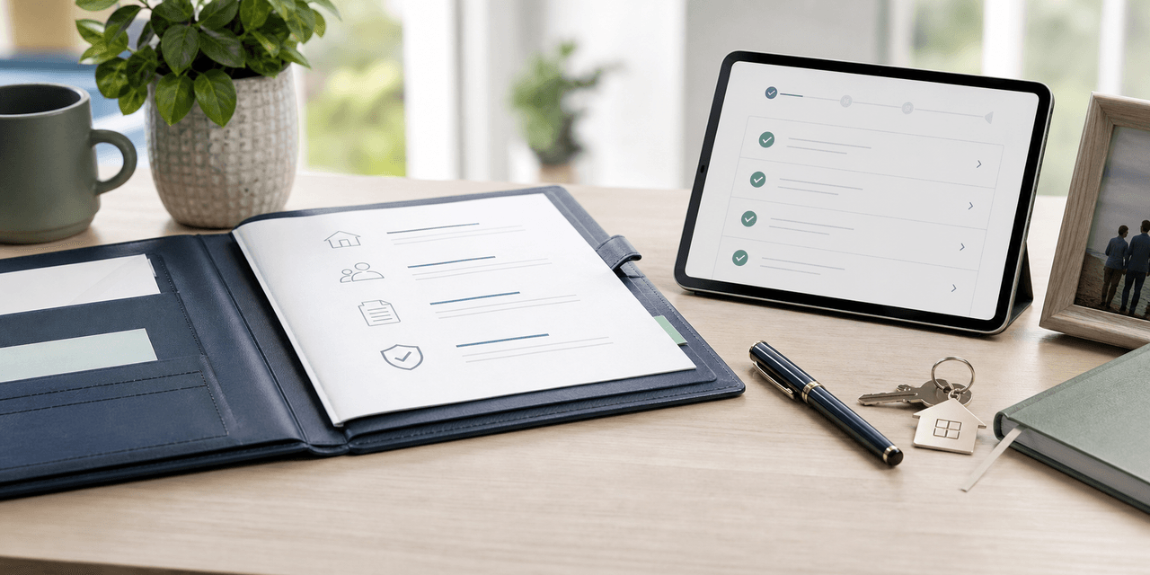 Organized estate planning workspace with checklist, family documents, and home deed